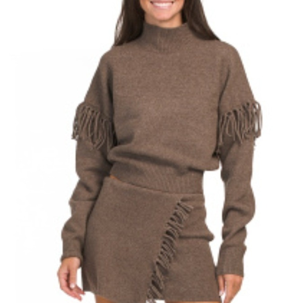 Torn by Ronny Kobo XS Brown Fringe Mock Neck Wool Blend Sweater Bohemian Western
